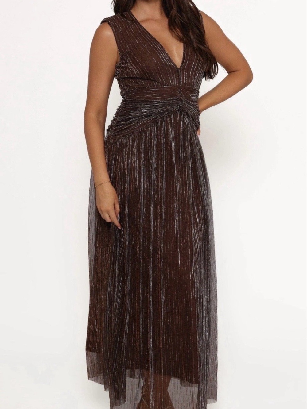 Petal & Pup Metallic Brown V-Neck Evening Dress Size S